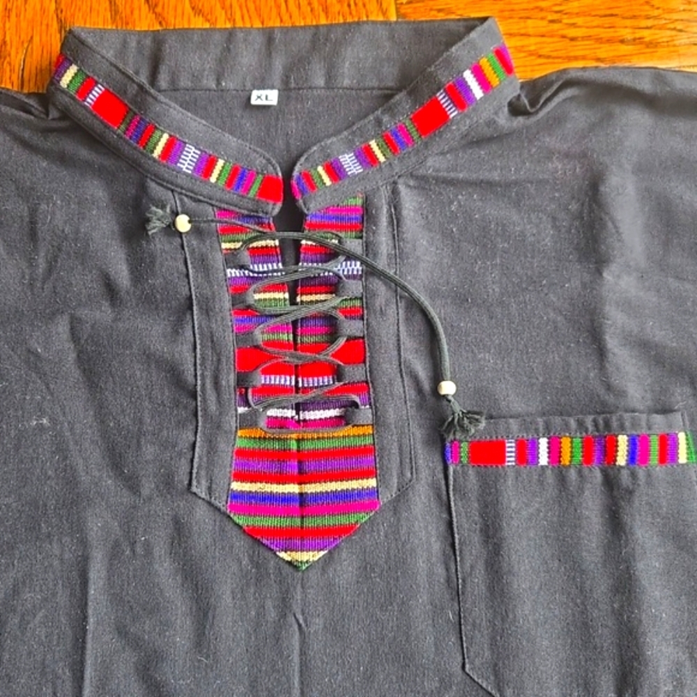 Men’s Guatemalan Woven Artisan Shirt Black Embroidered Boho Top XL - Picture 5 of 12